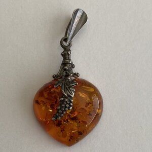 Vintage Amber Heart with Silver Pendant